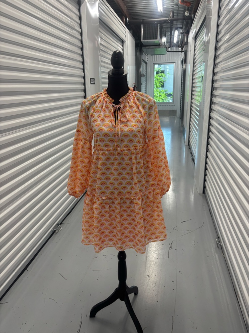 Pleated Tie-Neck Mini Dress in Orange Rainbow Print